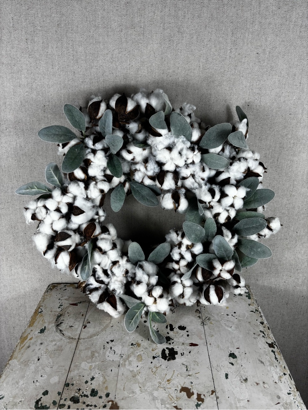 Cotton & Lambs Ear Holiday Wreath - White and Sage